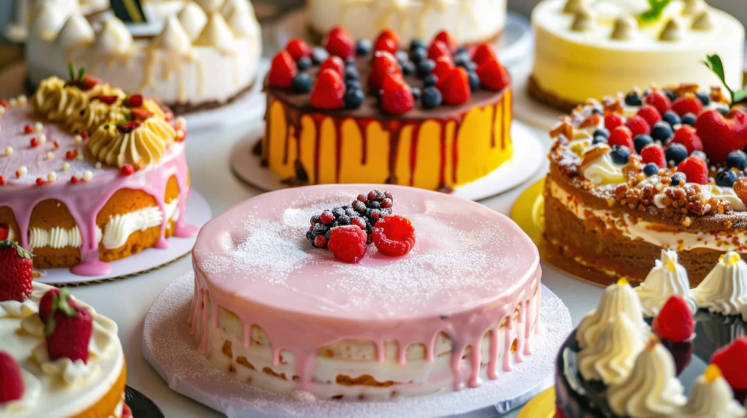 Assortiment de gâteaux de fête colorés: rose poudré aux baies, jaune chocolat aux fraises/myrtilles, rose dégoulinant et autres desserts.