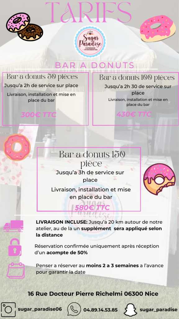 Tarifs Bar à Donuts à Nice - Sugar Paradise Événementiel Menu Sugar Paradise Nice : tarifs bar à donuts de 50 à 150 pièces avec service, livraison et installation inclus.